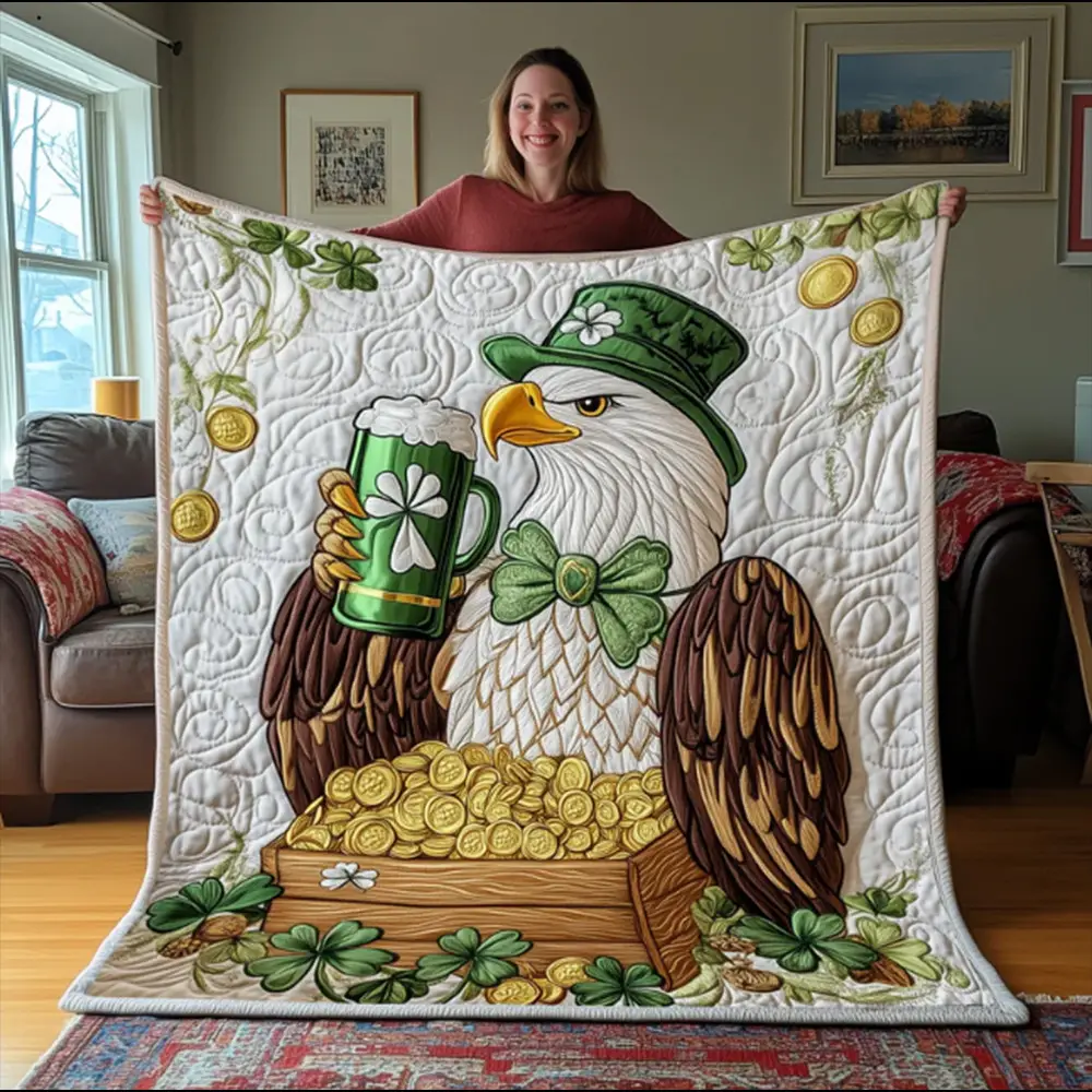 Eagle Drinking Beer Lucky Money Patrick's Day Quilt Blanket Best Gift For Irish