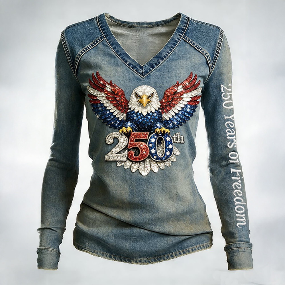 Eagle US 250Th Anniversary Vintage V-Neck Long Sleeve Shirt 4th Of July Merch Mother Gift Ideas Eagle US 250Th Anniversary Vintage V-Neck Long Sleeve Shirt 4th Of July Merch Mother Gift Ideas - Image 1