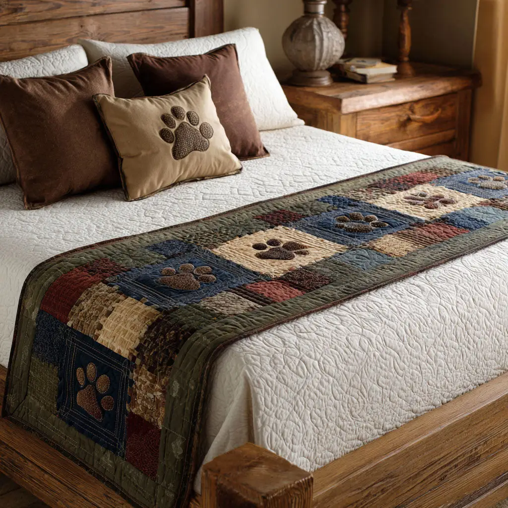 Earth Pawtrail Quilted Bed Runner Paw Trail Nature Gift for Pet Lovers