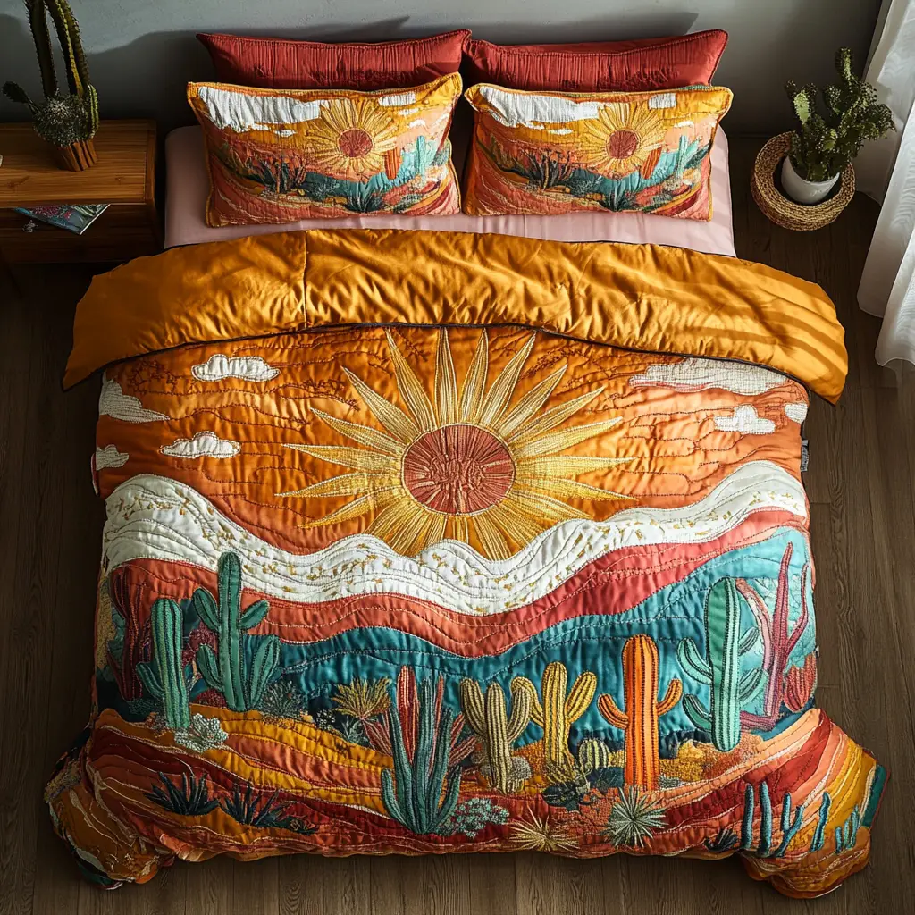 Earth Tones Quilted Bedding Set Holiday Duvet Cover Set Christmas Cactus Gift