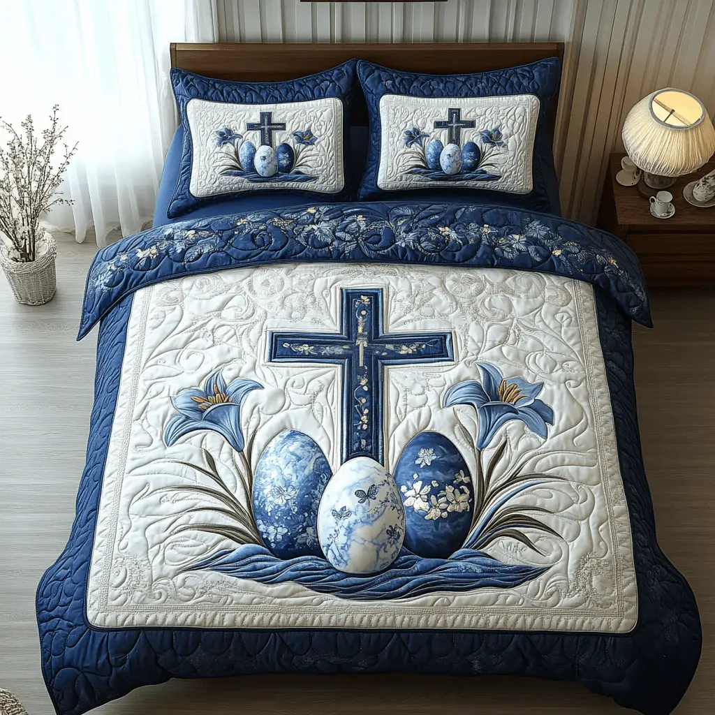 Easter Blessing Quilted Bedding Sets Cross Eggs Spring Decor Easter Gifts For Wife