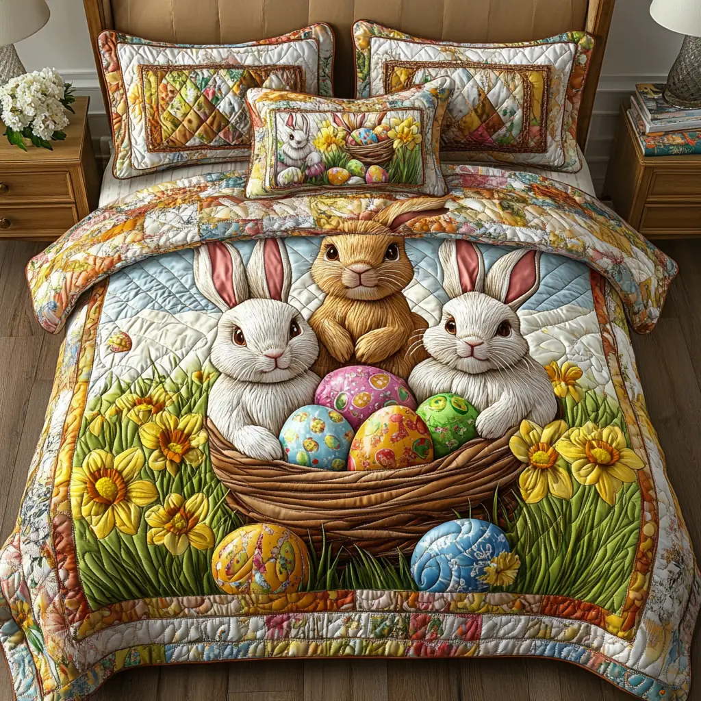 Easter Bunnies And Daffodils Quilted Bedding Set Autumn Inspired Bedroom Unique Gift For Bunnies Lovers