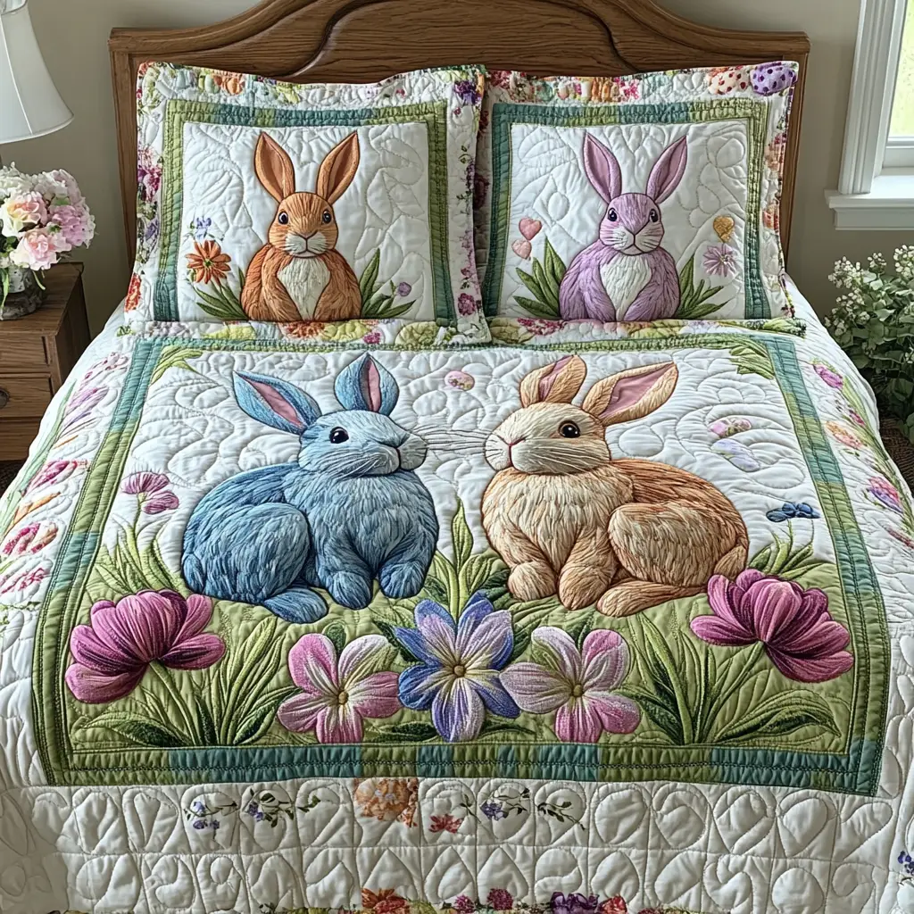 Easter Bunnies Quilted Bedding Set Unique Bed Sheet Set Best Easter Gifts For Adults