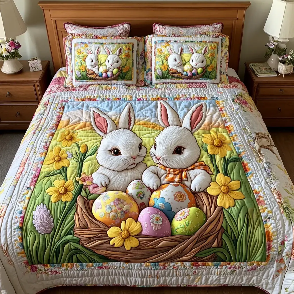 Easter Bunny Basket Quilted Bedding Sets Colorful Spring Decor Cute Easter Gifts For Teen
