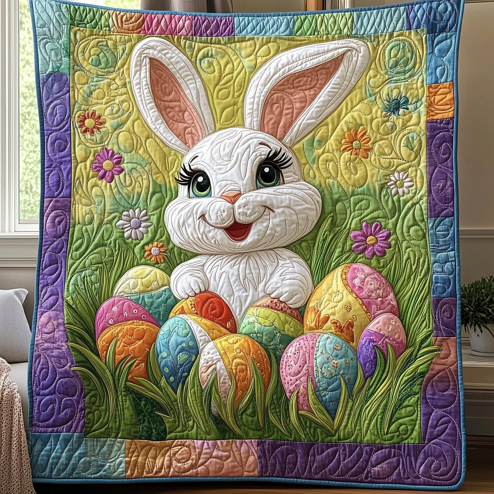 Easter Bunny Eggs Quilted Blanket Holiday Cute Room Decorations Bunny Gifts For Adults