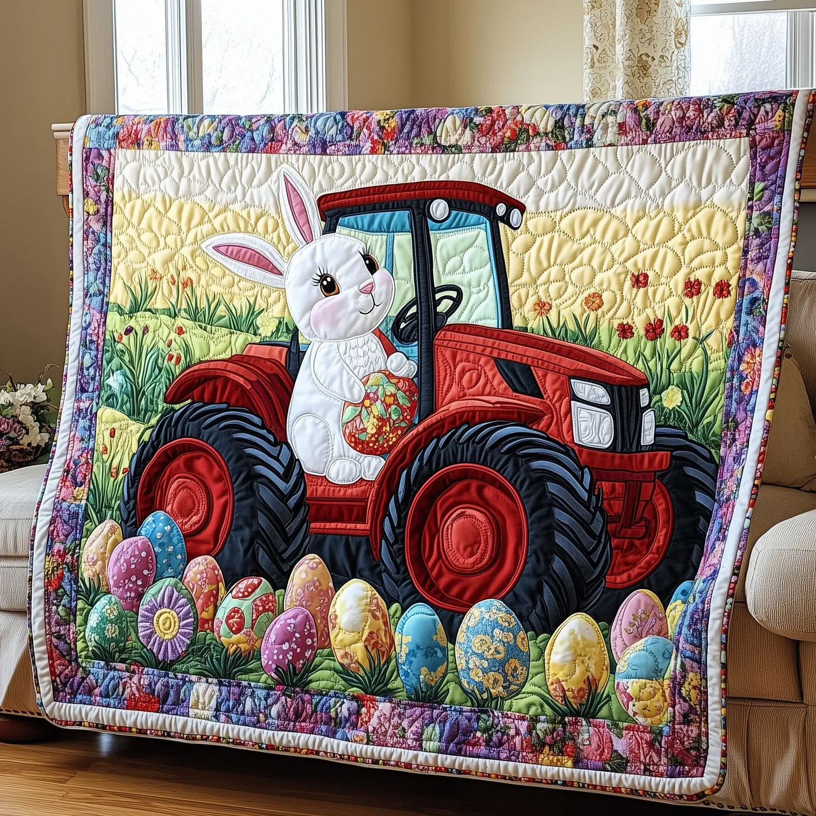 Easter Bunny Eggs Quilted Blanket Holiday Cute Room Decorations Gift Ideas For Rabbit Lovers