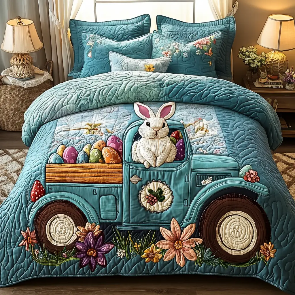 Easter Bunny Journey Quilted Bedding Set Holiday Duvet Cover Unique Bunny Gifts For Adults