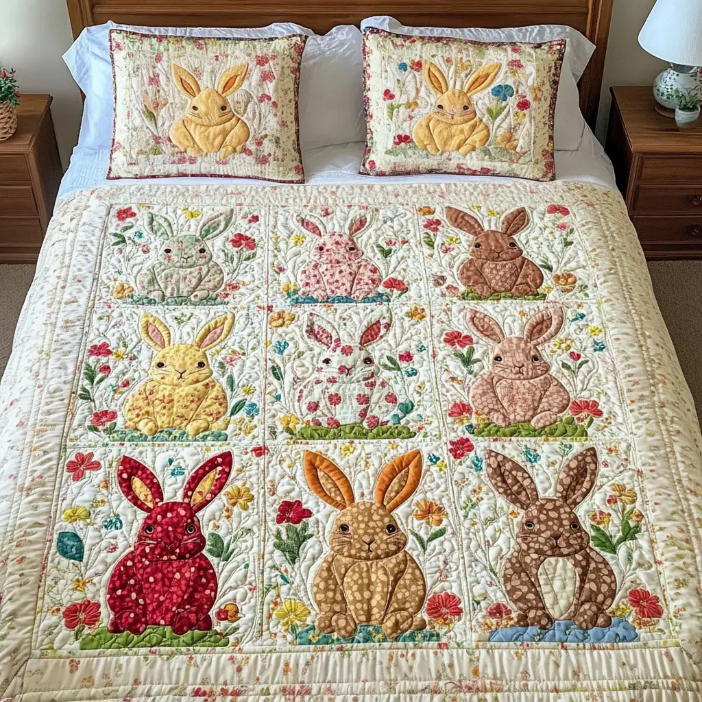 Easter Bunny Meadow Quilted Bedding Set Holiday Duvet Cover Unique Bunny Owner Gifts