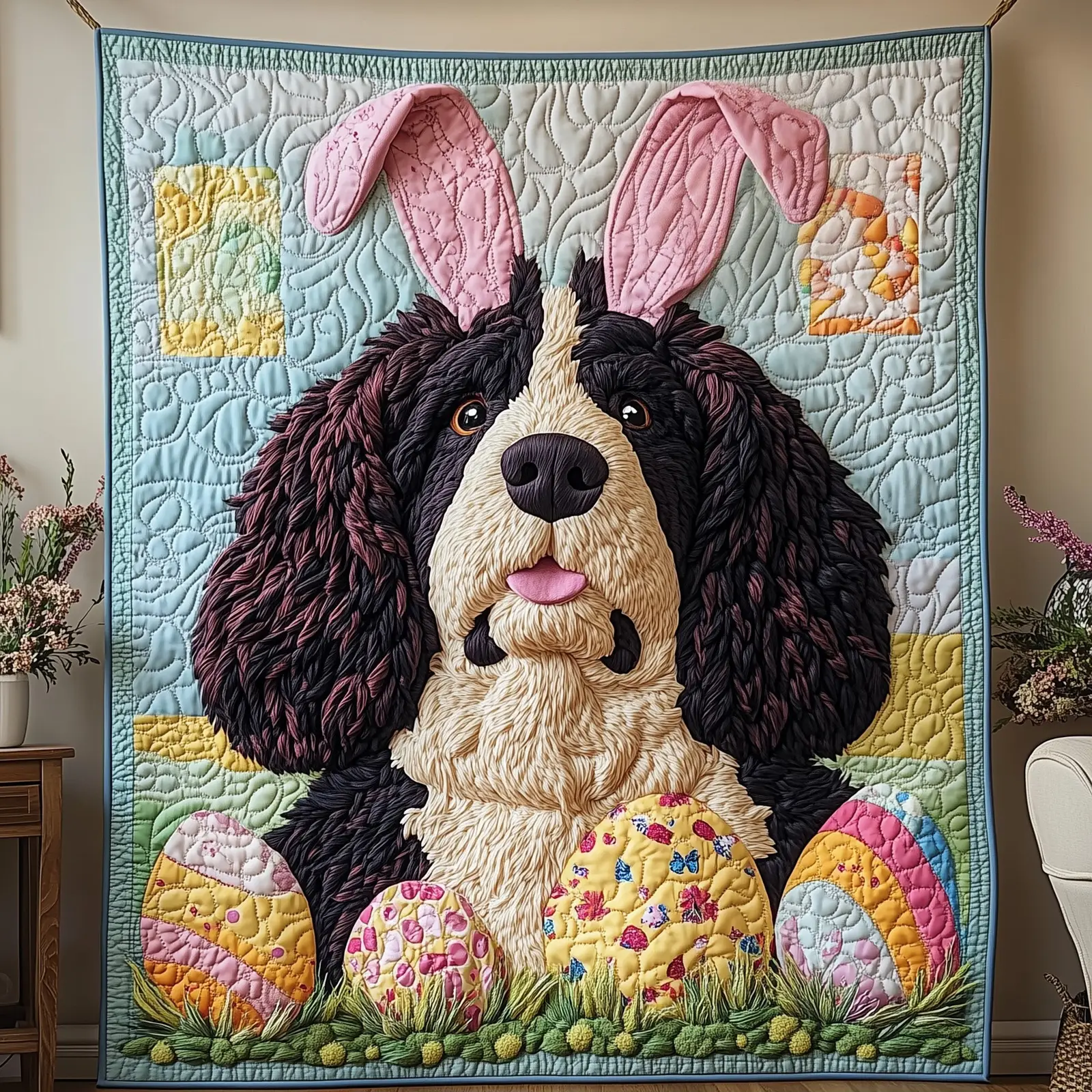Easter Bunny Newfoundland Quilted Blanket Holiday Cute Room Decorations Bunny Gifts For Dad