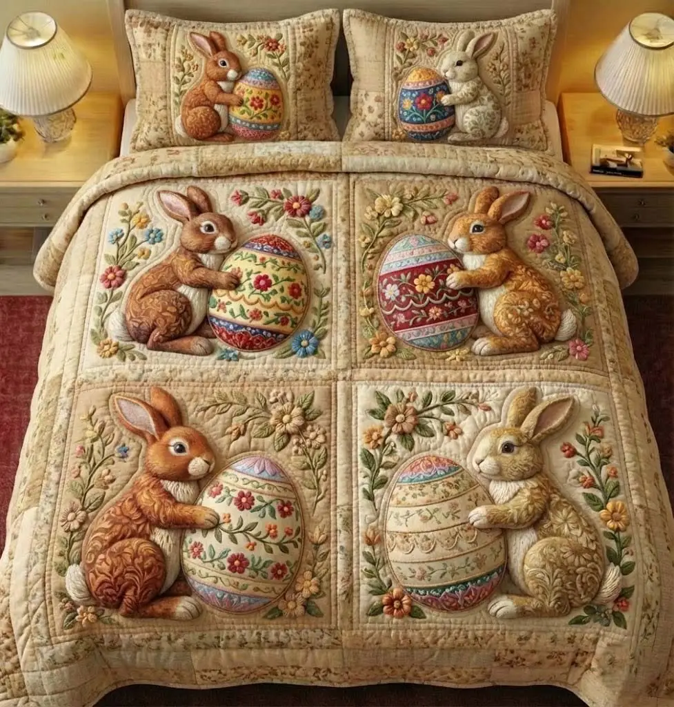 Easter Bunny Quilted Bedding Sets Happy Easter Holiday Decor Gifts For Grandma