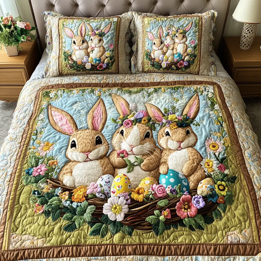 Easter Bunny Trio Quilted Bedding Set Holiday Duvet Cover Unique Gift For Women
