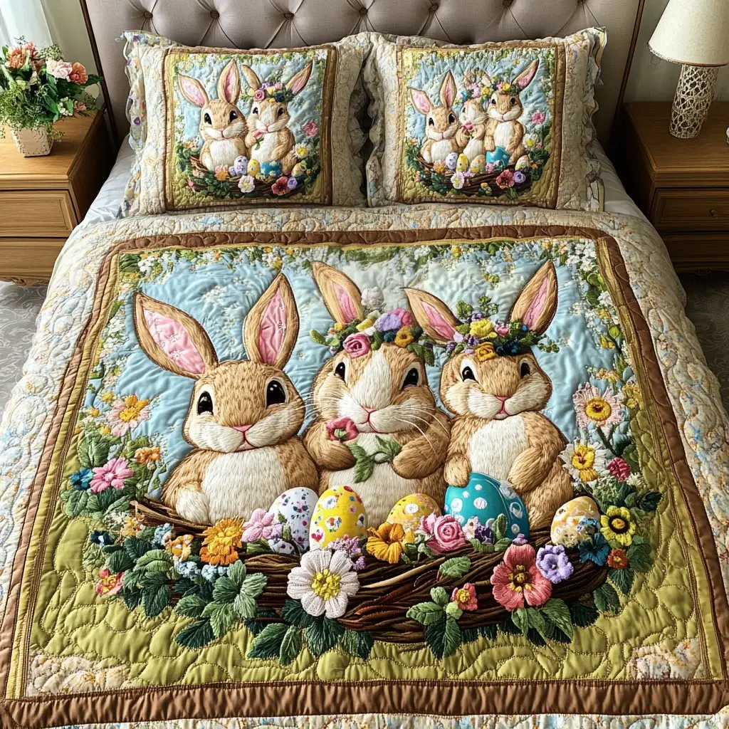Easter Bunny Trio Quilted Bedding Sets Spring Home Decor Cute Easter Gifts For Wife