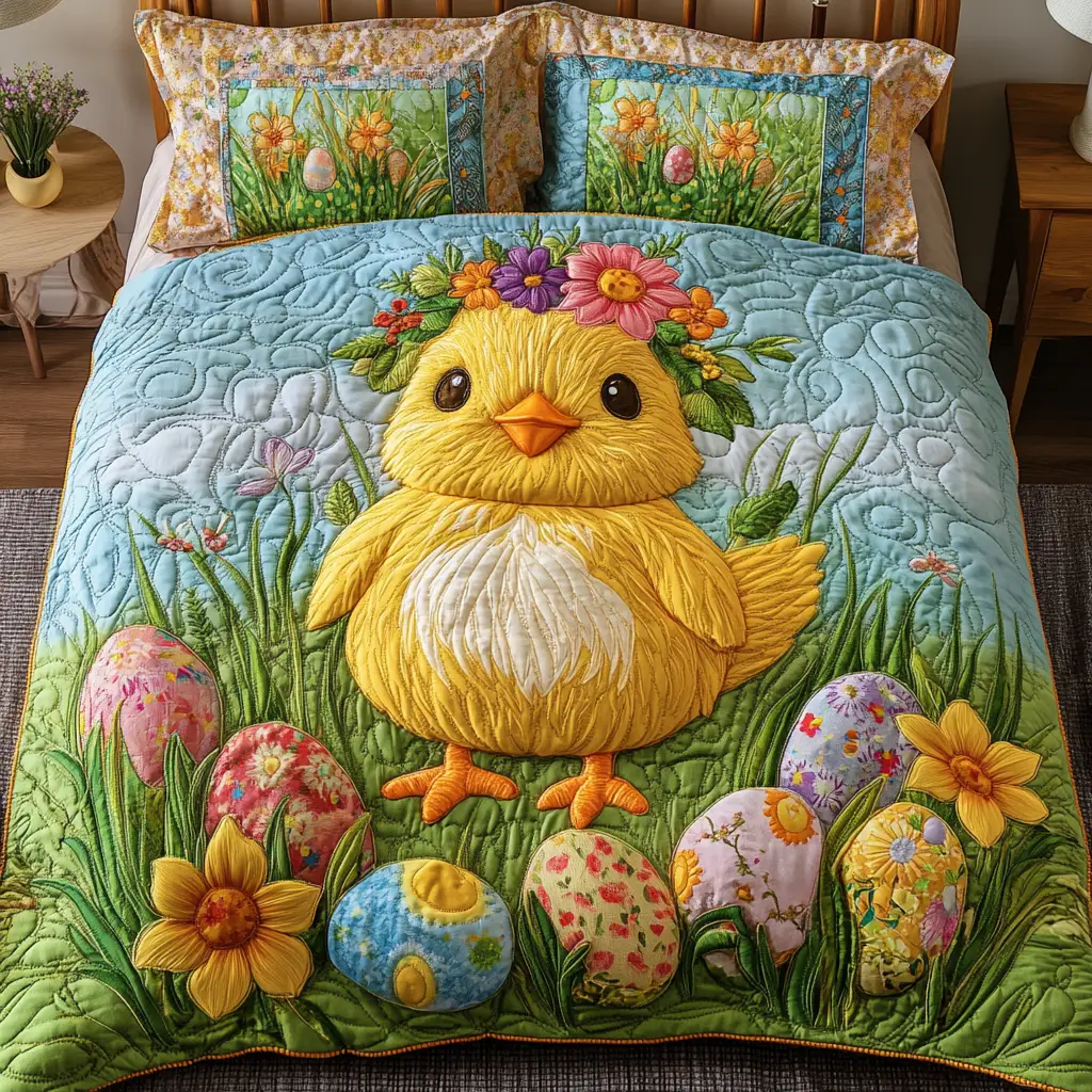 Easter Chick With Flowers Quilted Bedding Set Holiday Duvet Cover Bunny Gifts For Mom