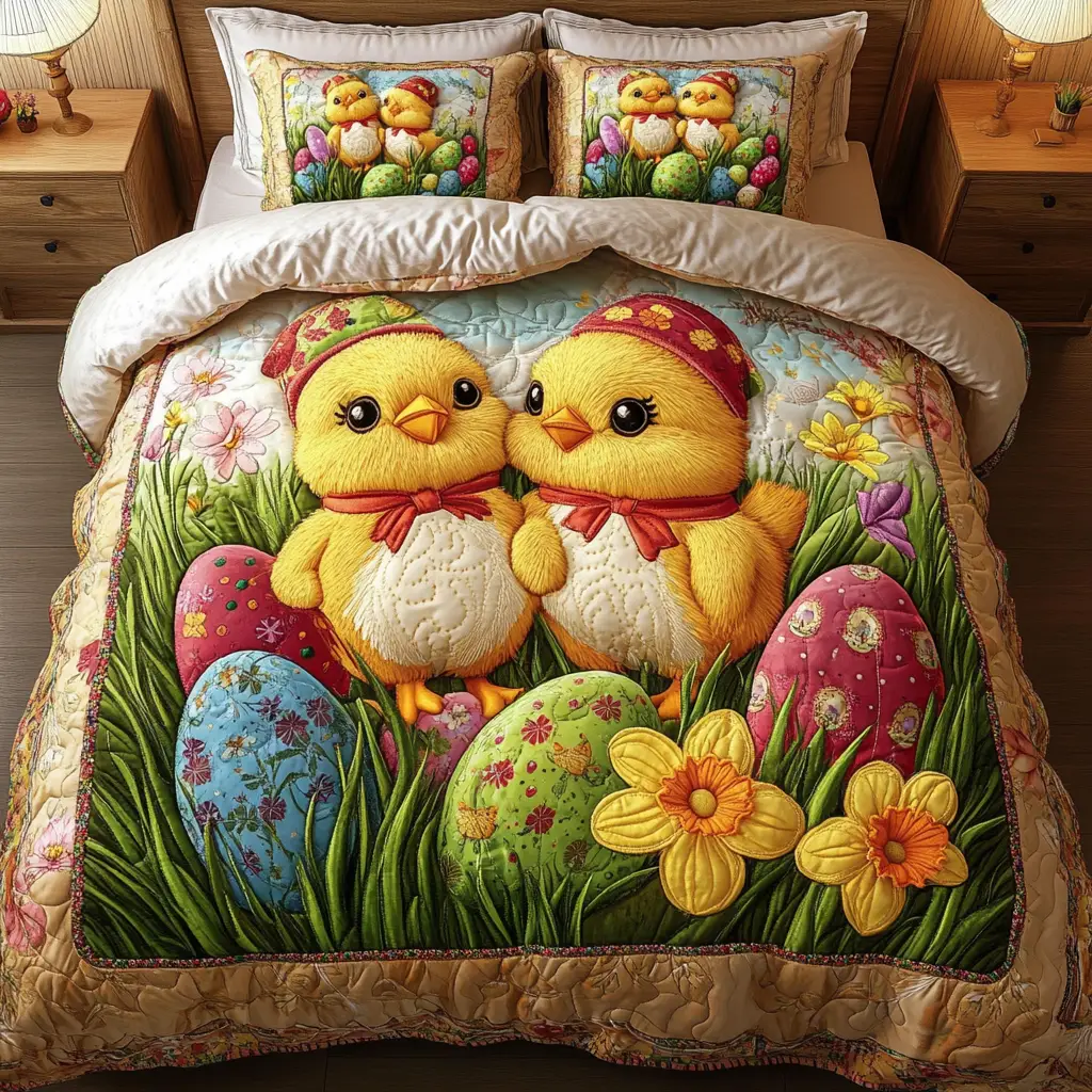 Easter Chicks And Eggs Quilted Bedding Set Holiday Duvet Cover Bunny Gifts For Dad