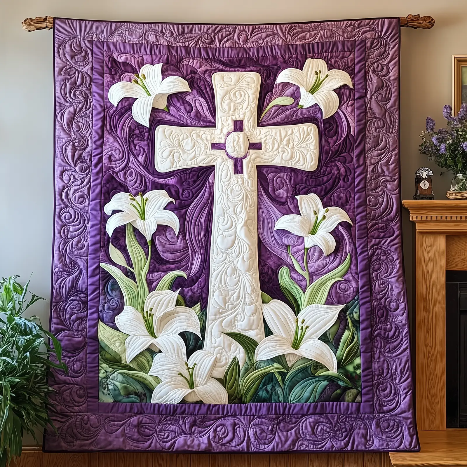 Easter Cross Quilted Blanket Holiday Room Decorations Gifts For Flower Enthusiasts