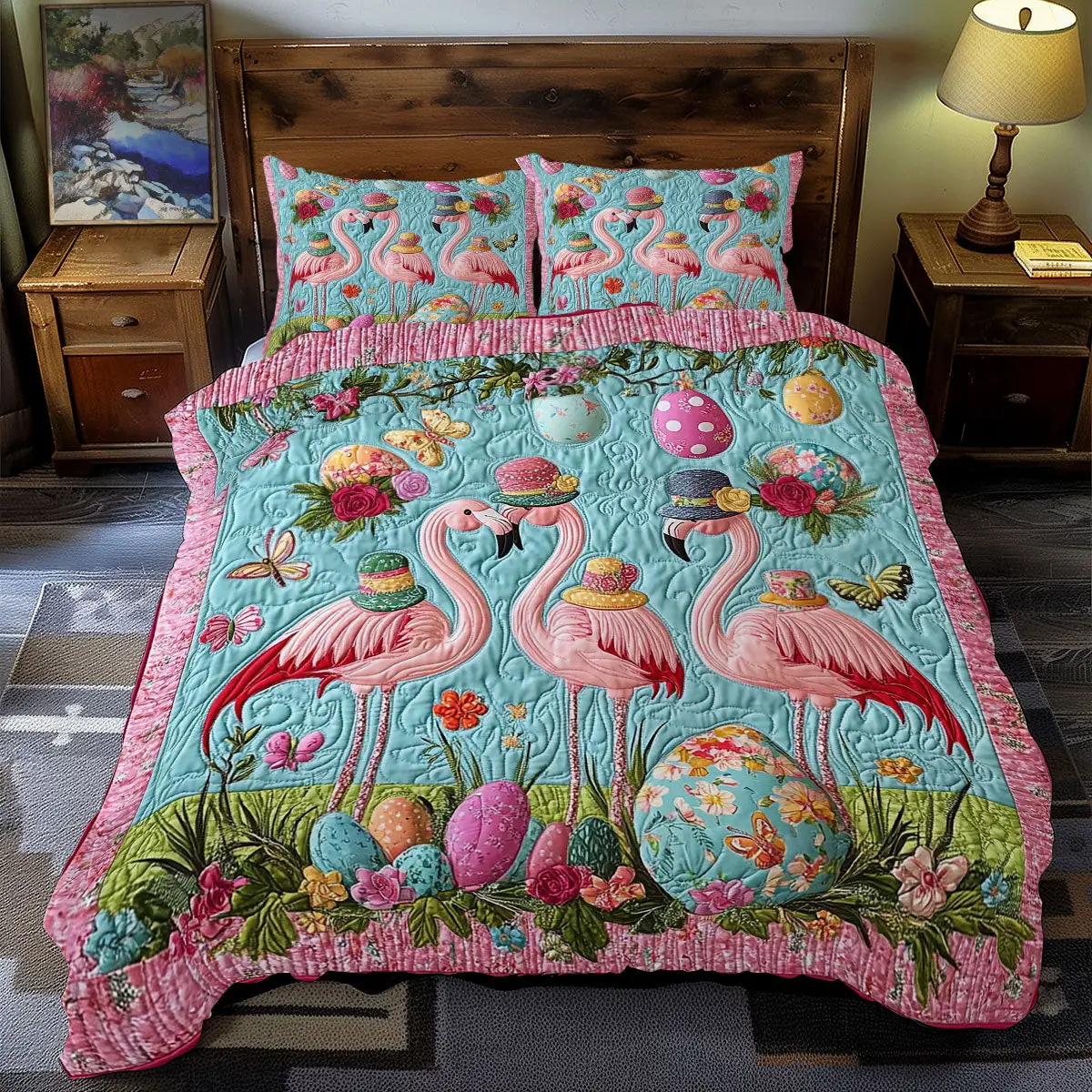Easter Egg And Flamingo Quilted Bedding Set Autumn Inspired Bedroom Flamingo Gift Ideas