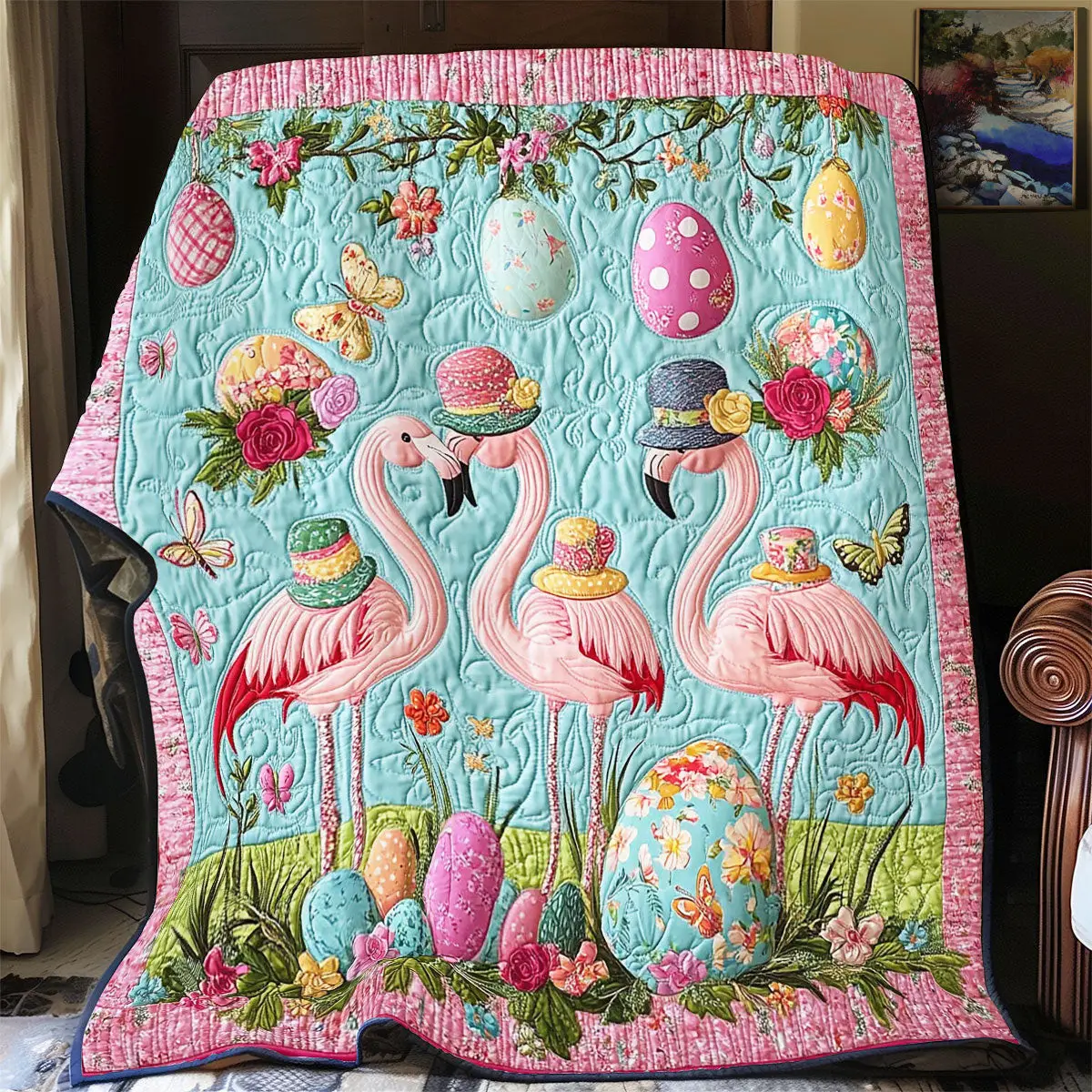 Easter Egg And Flamingo Quilted Blanket Holiday Room Decor Unique Pink Flamingo Gifts
