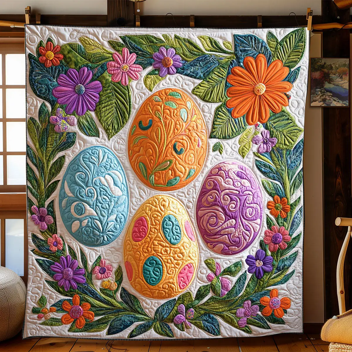 Easter Egg Quilted Blanket Autumn Inspired Bedroom Unique Gift For Flower Lovers