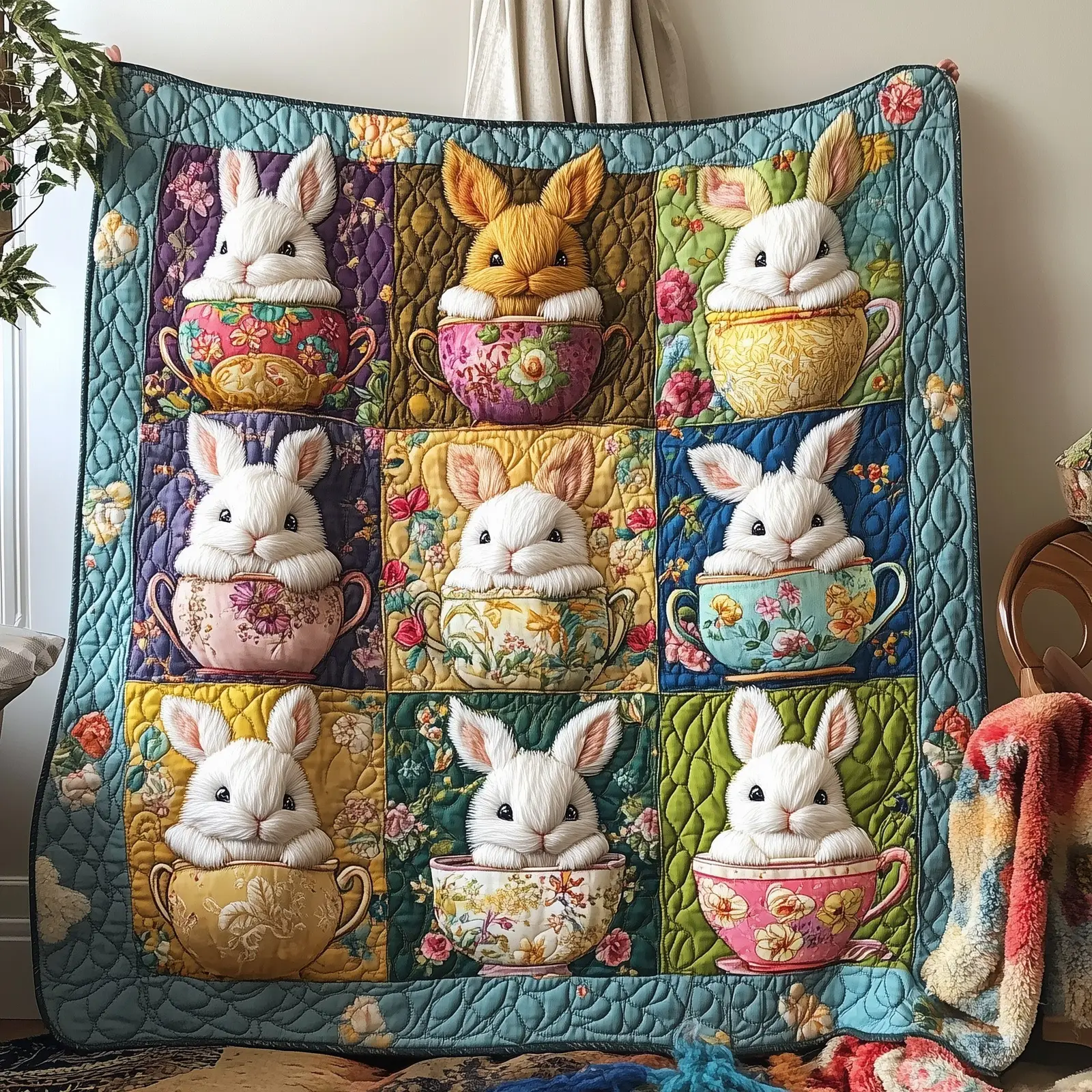Easter Joy Quilted Blanket Holiday Room Decor Unique Gifts For Bunny Lovers