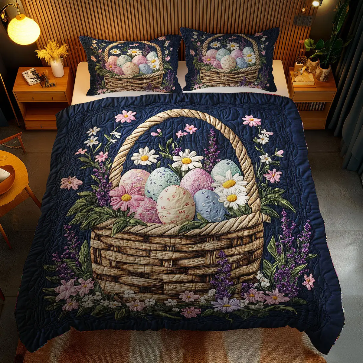 Easter Meadow Baskets Quilted Bedding Set Holiday Bedroom Decor Gift For Rabbit Lovers