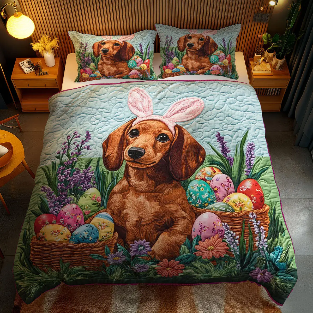 Easter Paws And Bunny Ears Quilted Bedding Set Holiday Bedroom Decor Gift For Mother