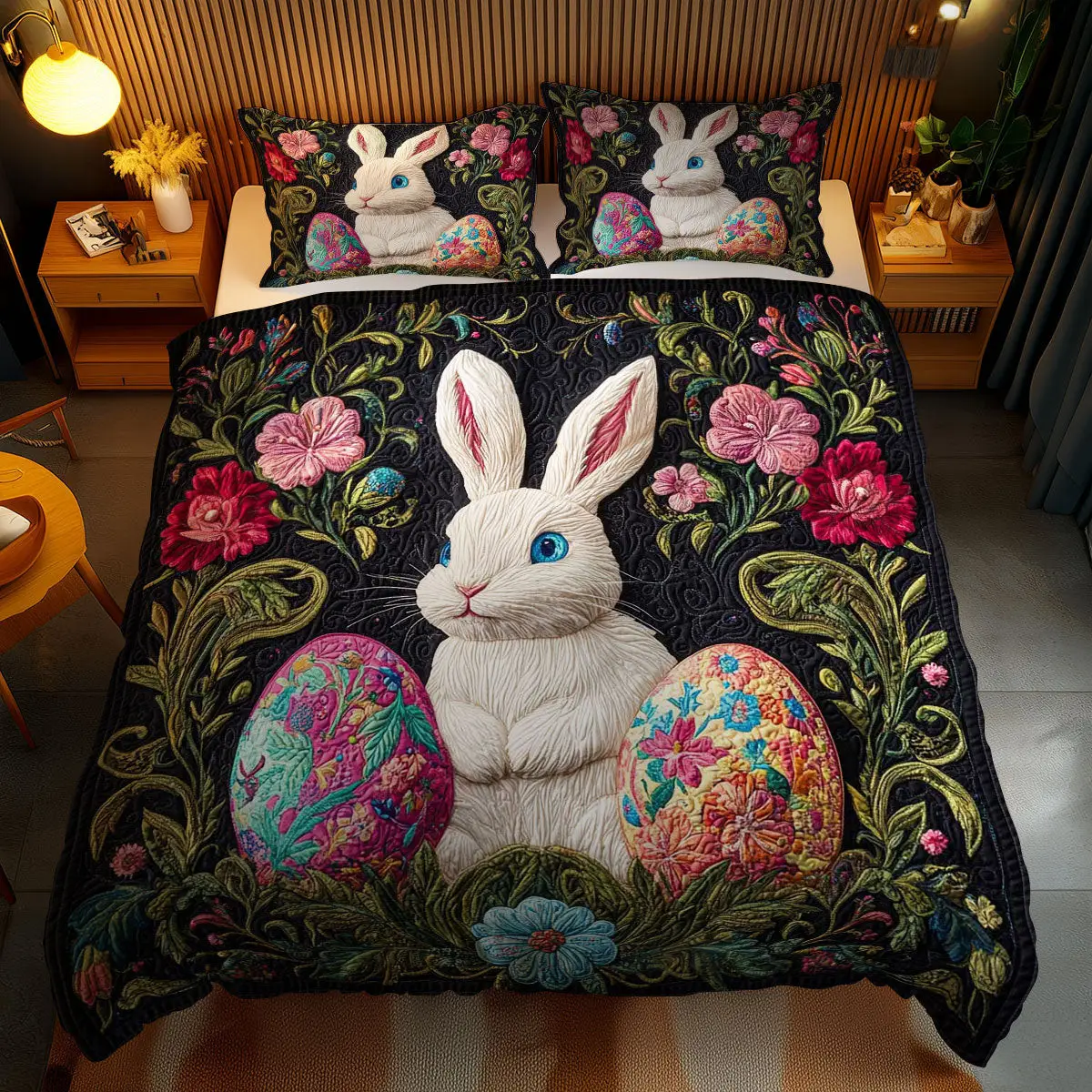 Easter Rabbit Delight Quilted Bedding Set Holiday Bedroom Decor Gift For Mom