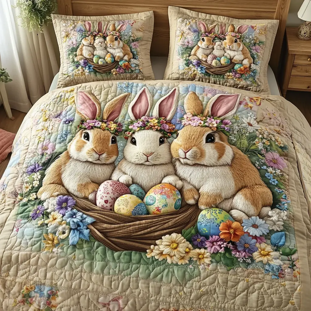 Easter Rabbits In Basket Quilted Bedding Set Holiday Bedroom Decor Gifts For Rabbit Owners