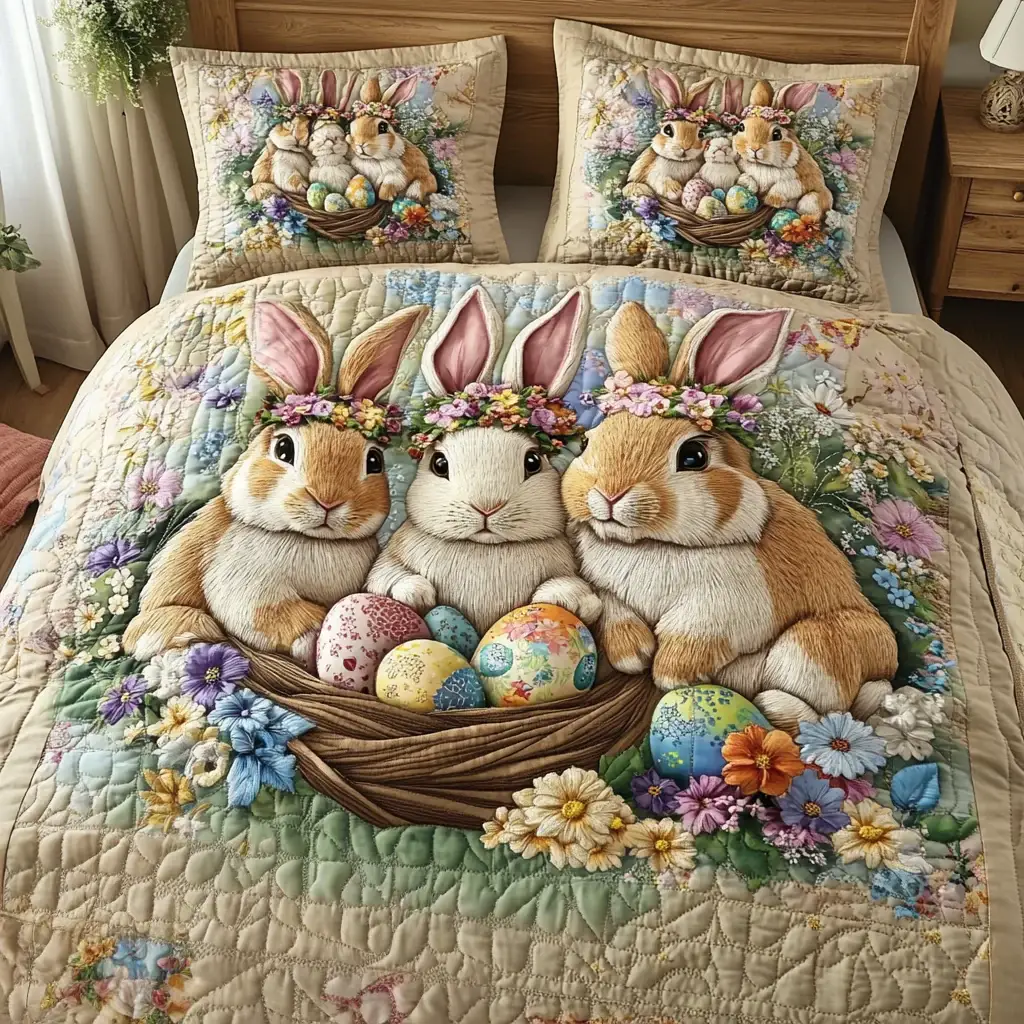 Easter Rabbits In Basket Quilted Bedding Sets Great For Spring Home Decor Easter Gifts For Wife