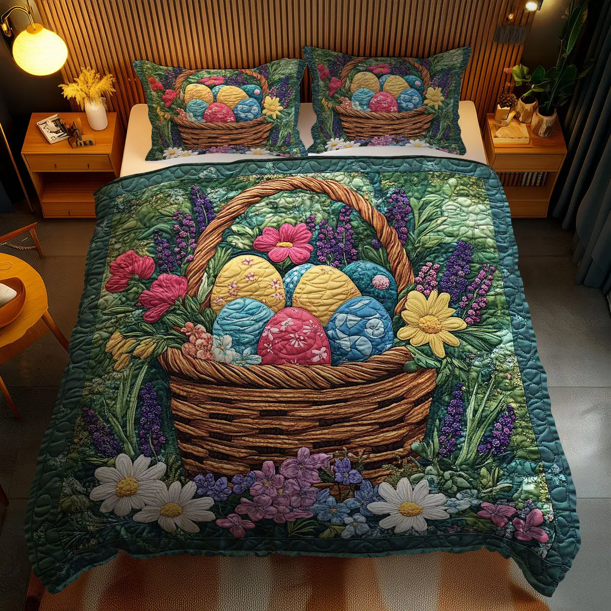 Easter Treasure Baskets Quilted Bedding Set Holiday Bedroom Decor Flower Gifts For Friends