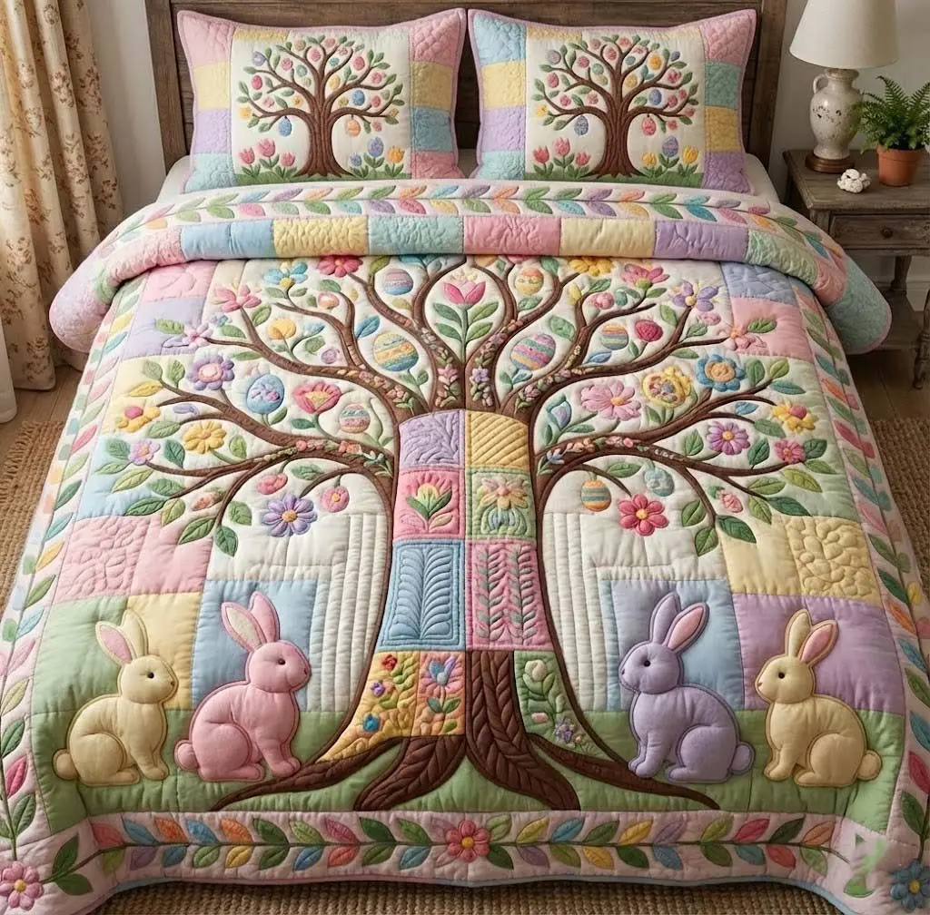 Easter Tree Of Life Quilted Bedding Set Holiday Duvet Cover Gifts For Mom