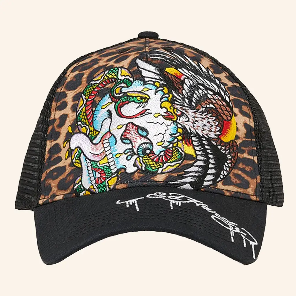 Ed Hardy Merch Battle Skull Leopard Trucker Hat Ed Hardy Hat Christmas Gifts For Son - WearandDecor