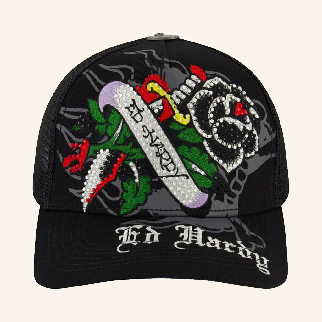 Ed Hardy Merch Black Rose Trucker Hat Ed Hardy Hat Christmas Gifts For Husband - WearandDecor Ed Hardy Merch Black Rose Trucker Hat Ed Hardy Hat Christmas Gifts For Husband - WearandDecor - Image 1
