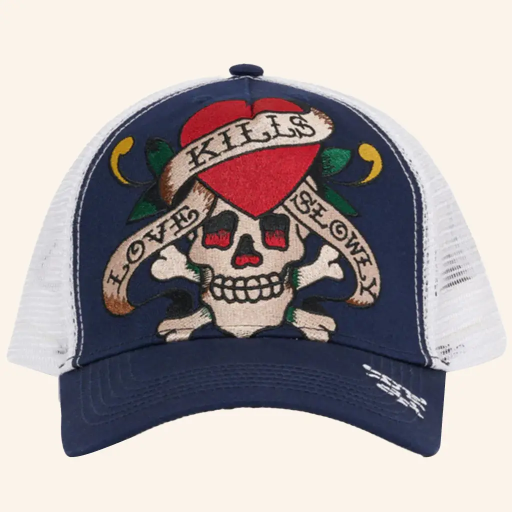 Ed Hardy Merch Heart Skull Kills Love Slowly Trucker Hat Ed Hardy Hat Gifts For Dad - WearandDecor