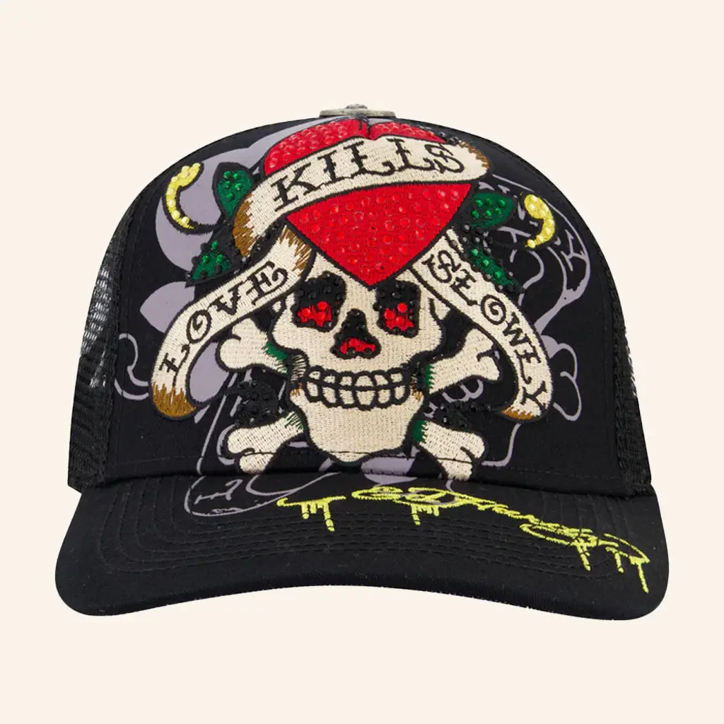 Ed Hardy Merch Skull Kills Love Slowly Trucker Hat Ed Hardy Hat Gifts For Father - WearandDecor