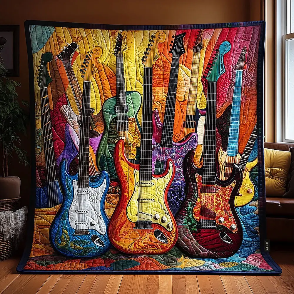 Electric Guitar Sunshine Quilted Blanket Colorful Rock Music Patchwork Throw Gift For Guitar Players