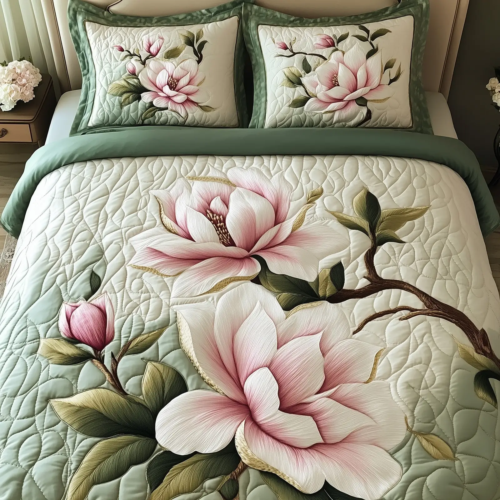 Elegant Blooming Magnolia Quilted Bedding Set Floral Bedroom Decor Best Gift For Flower Lovers