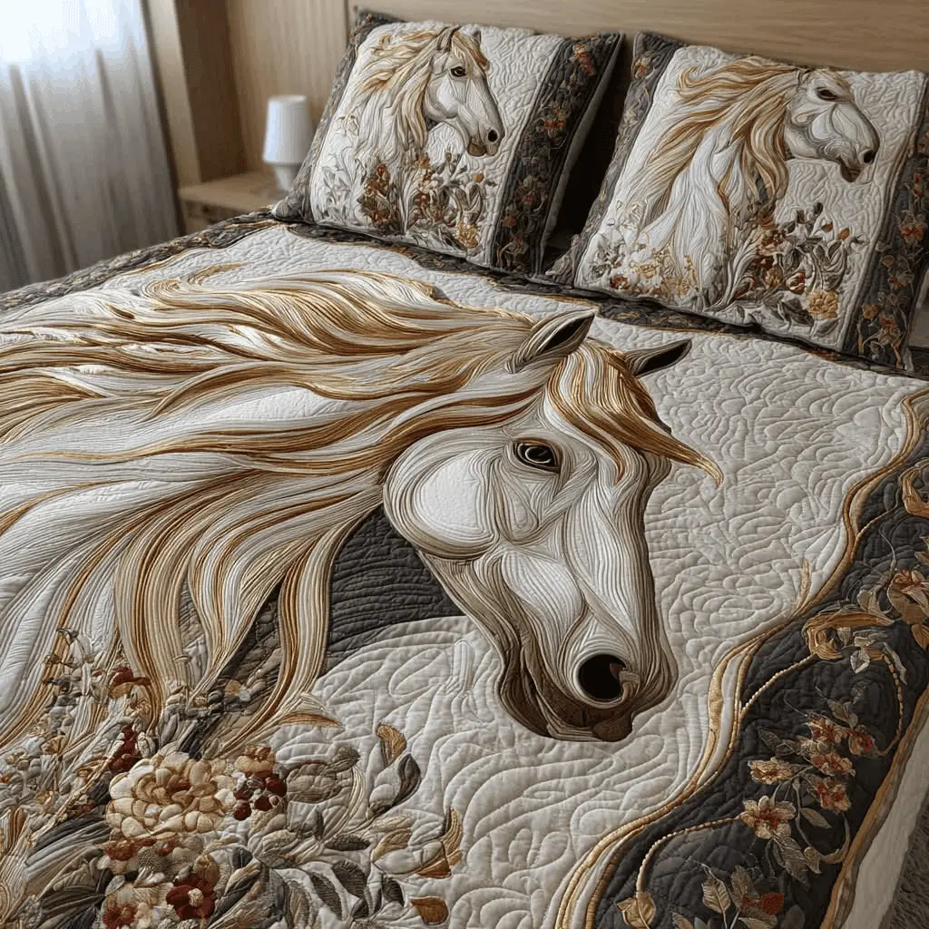 Elegant Horse Quilt Bedding Set White Duvet Covers Gift for Horses Lovers