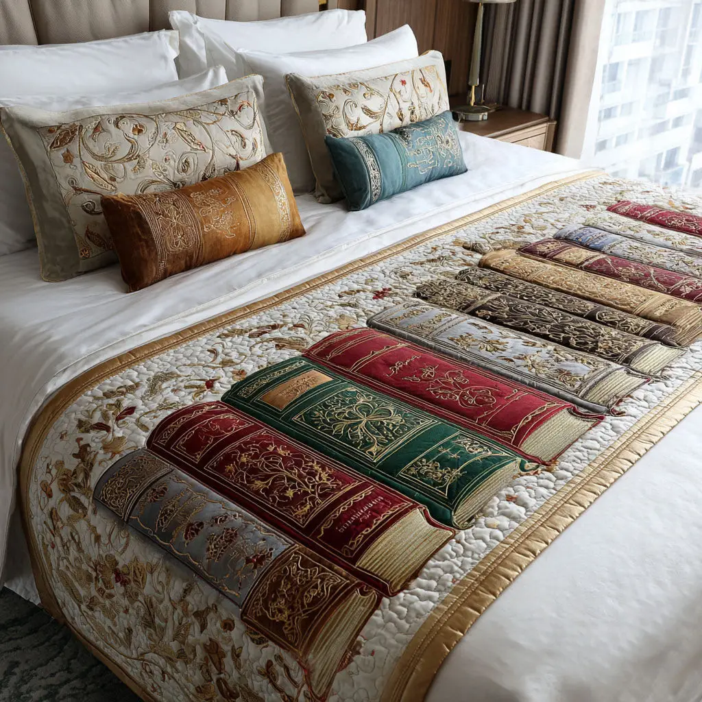 Elegant Pages Quilted Bed Runner Book Inspired Pattern Gift for Book Lovers