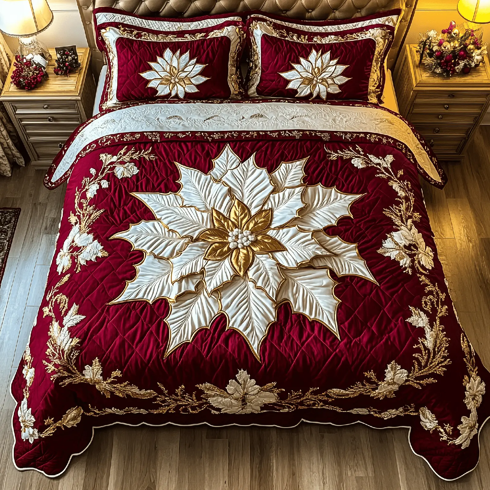 Elegant Poinsettias Quilted Bedding Set Christmas Bedding Set Christmas Gifts For Her