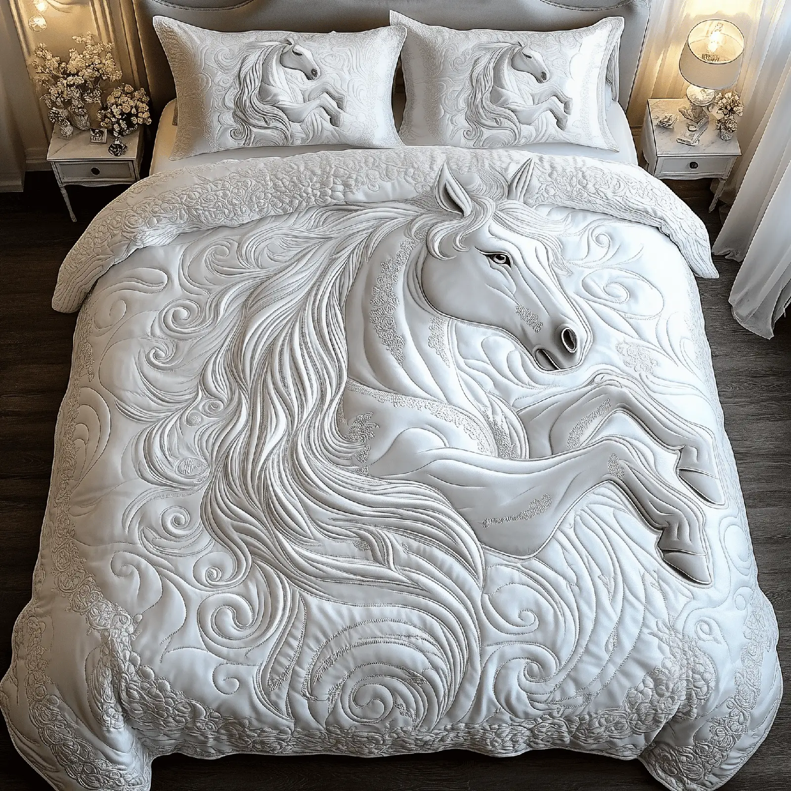 Elegant White Horse Quilted Bedding Set Christmas Bedding Set Gift Experiences For Couples