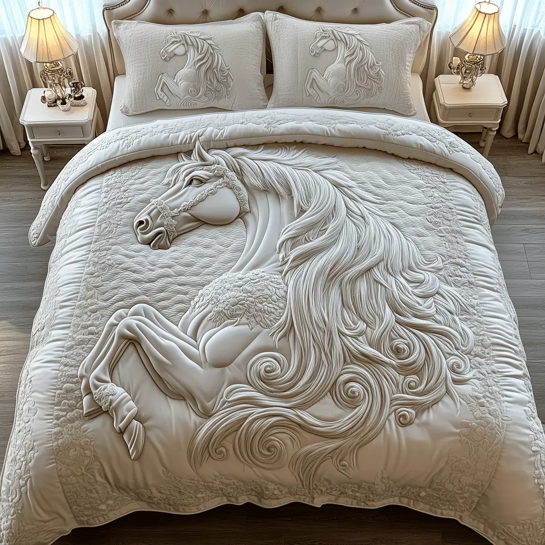 Elegant White Horse Quilted Bedding Set White Duvet Cover Mother's Day Gifts For Wife Elegant White Horse Quilted Bedding Set White Duvet Cover Mother's Day Gifts For Wife - Image 1