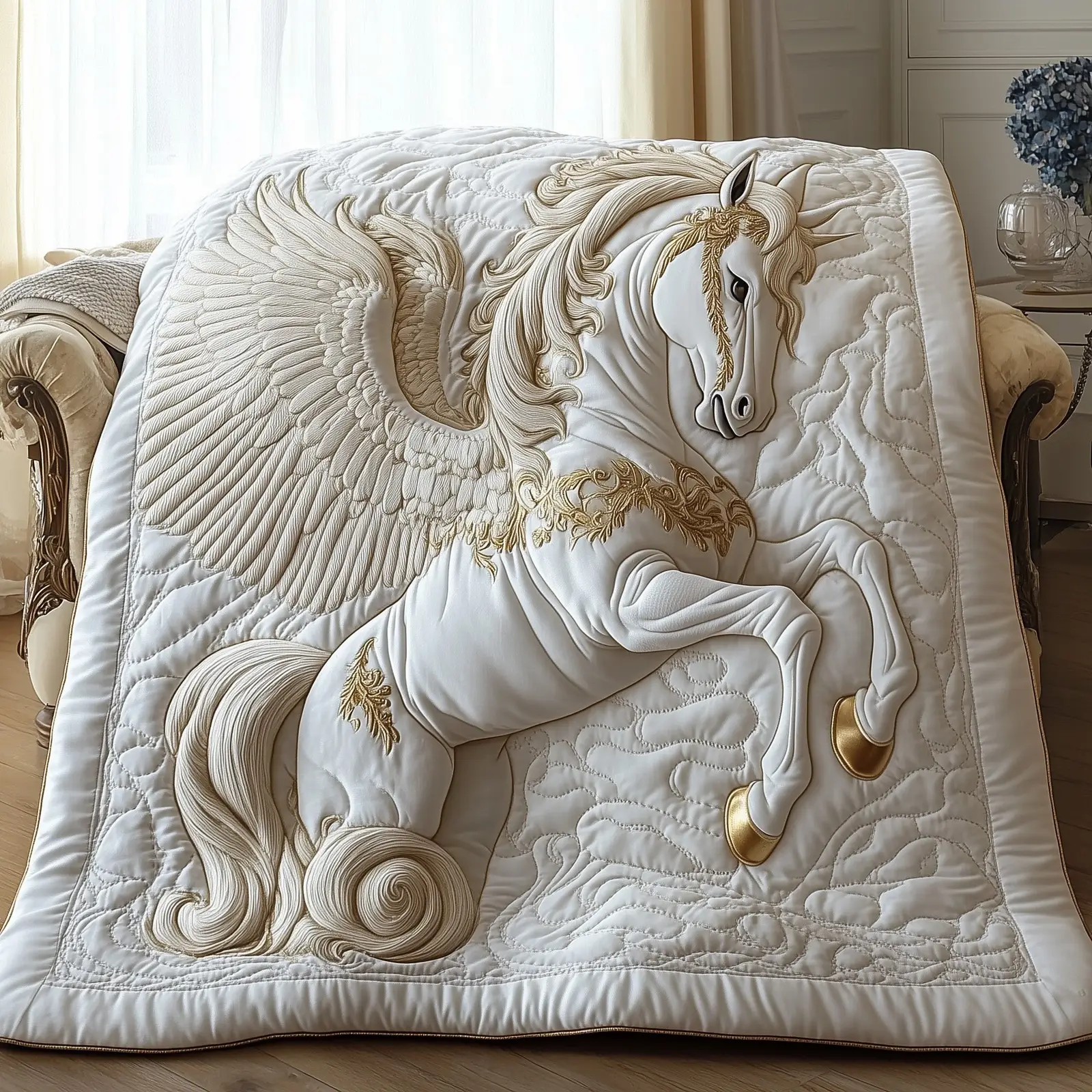 Elegant White Horse Quilted Blanket Graceful Animal Home Present Ideas For Pegasus Lover