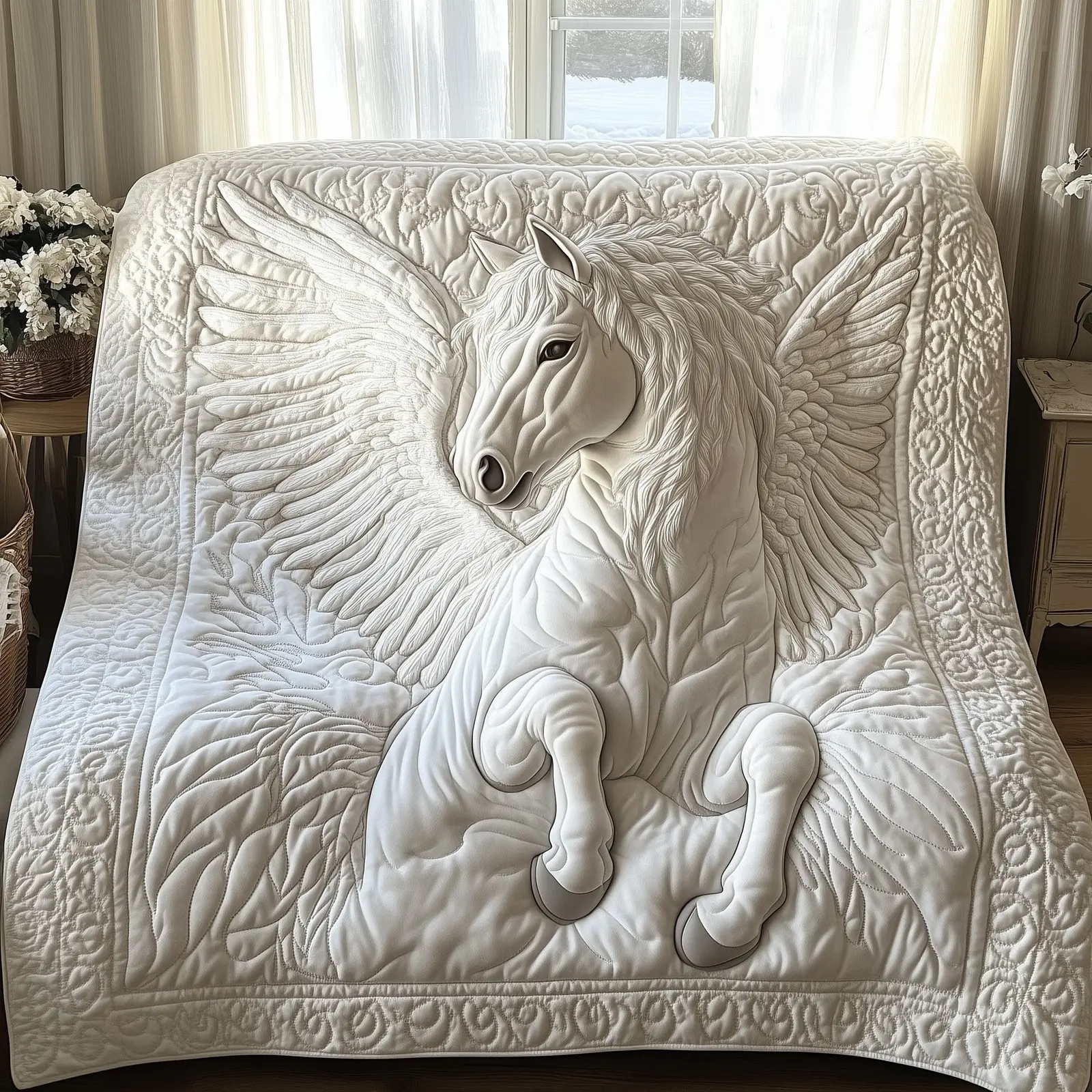 Elegant White Horse Quilted Blanket High Quality Horse Quilt Present For Pegasus Lover Elegant White Horse Quilted Blanket High Quality Horse Quilt Present For Pegasus Lover - Image 1