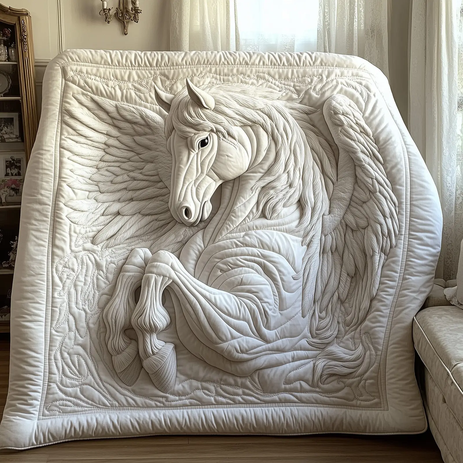 Elegant White Horse Quilted Blanket Majestic Horse Themed Bedding Present For Pegasus Lover