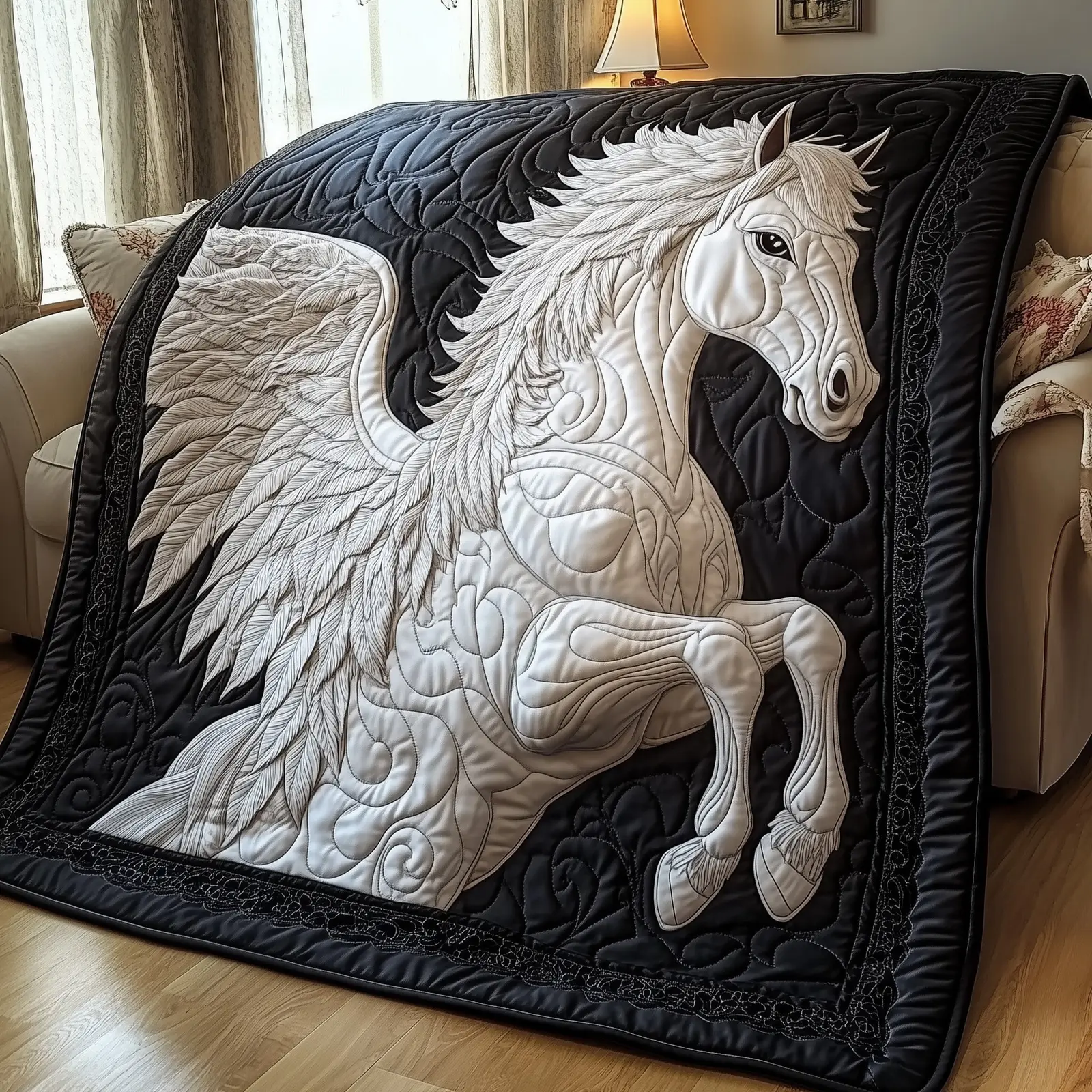 Elegant White Horse Quilted Blanket Sophisticated Equestrian Present Ideas For Pegasus Lover
