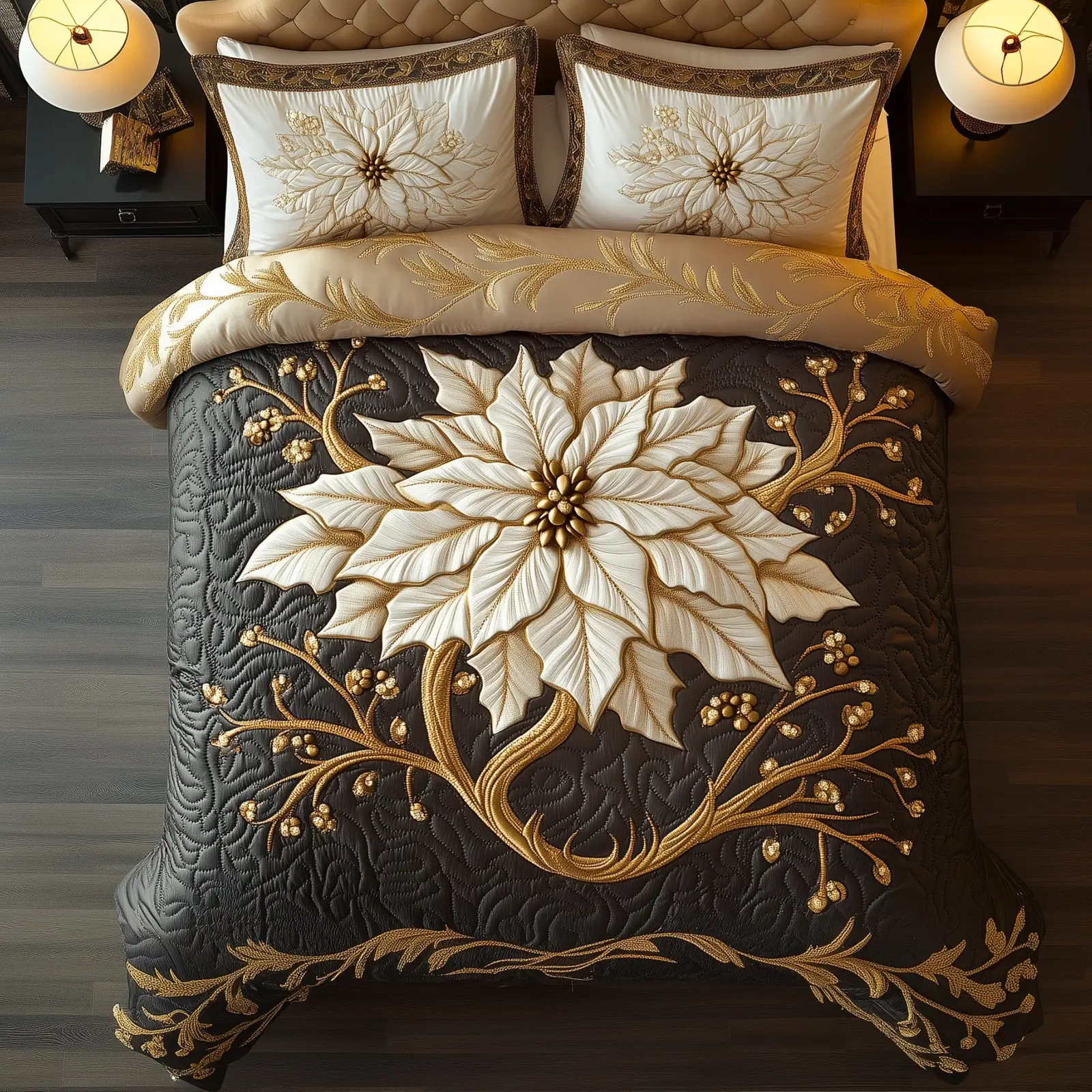 Elegant White Poinsettia Christmas Quilted Bedding Set Duvet Cover Bedspread Xmas Winter Elegance Gift Ideas Elegant White Poinsettia Christmas Quilted Bedding Set Duvet Cover Bedspread Xmas Winter Elegance Gift Ideas - Image 1