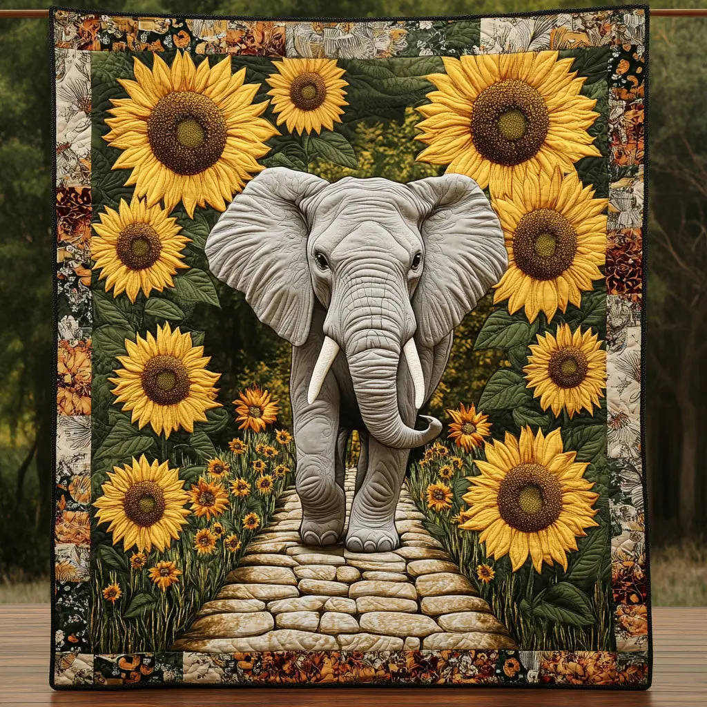 Elephant In Sunflower Garden Quilt Perfect Housewarming Gift with Quilt Blanket