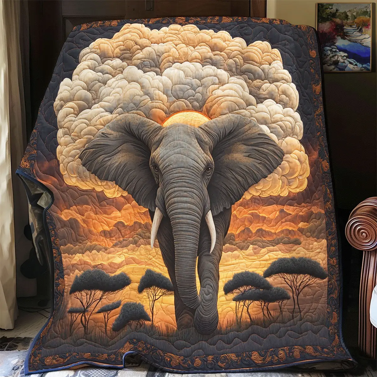 Elephant The Sun Eater Quilt Blanket African Art Throw Blanket Gifts For Elephant Lovers