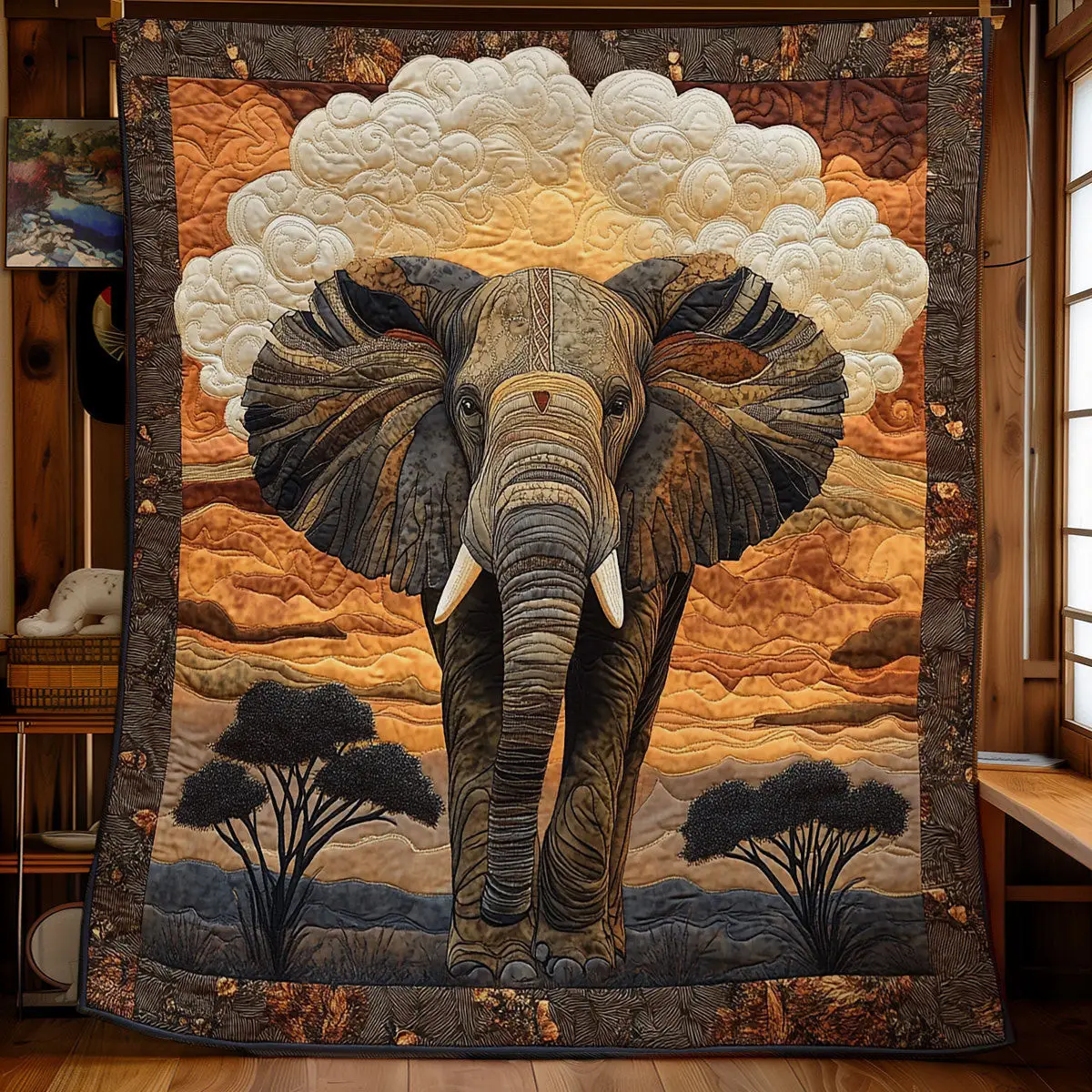 Elephant Under Dawn Quilt Blanket African Art Throw Blanket Gifts For Elephant Lovers