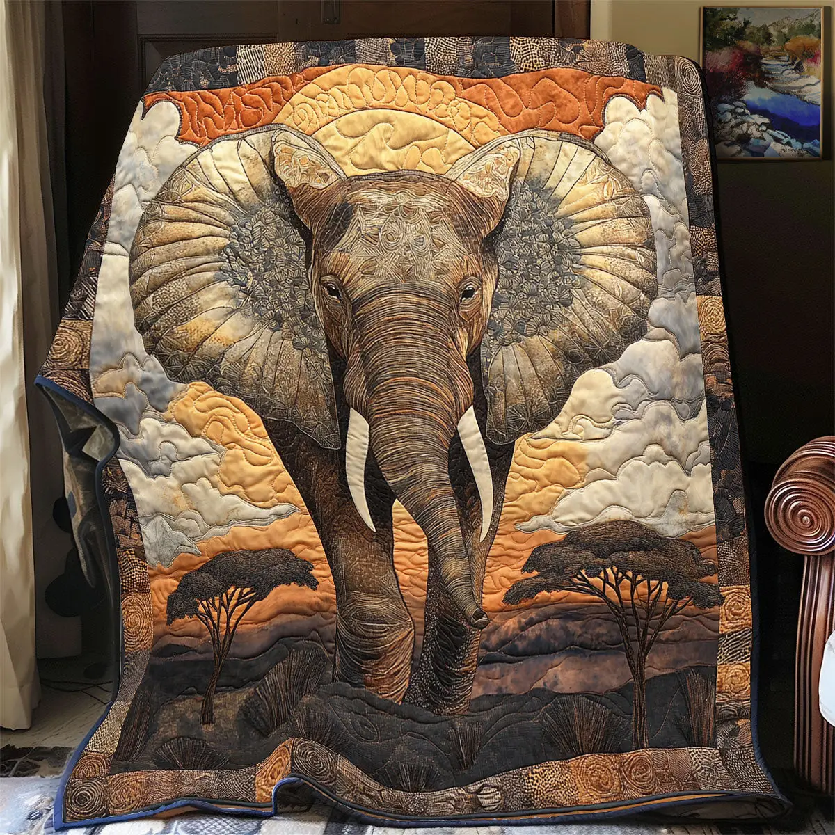 Elephant Walking Under Sun Quilt Blanket African Art Blanket Gifts For Elephant Lovers